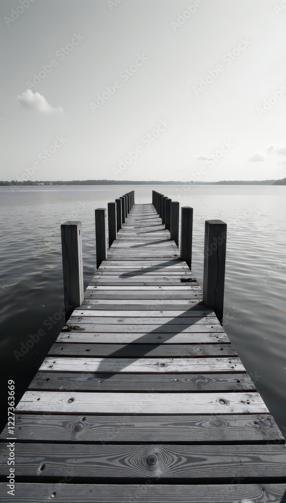 Striped monochrome bridge over calm water Black and white wood planks , journey, landscape Striped monochrome bridge over calm water Black and white wood planks , journey, landscape