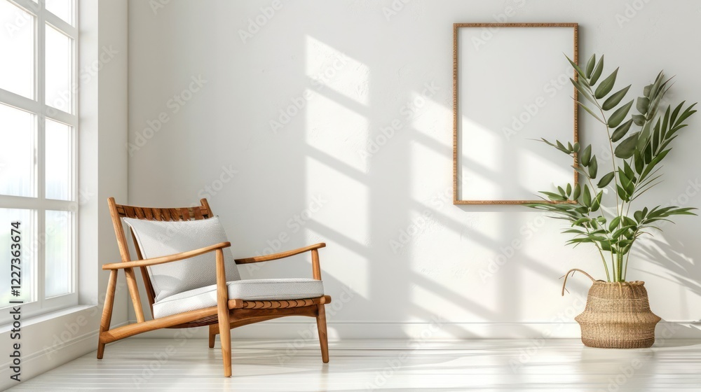 Modern minimalist living room with wooden chair, empty frame, and potted plant by the window Modern minimalist living room with wooden chair, empty frame, and potted plant by the window