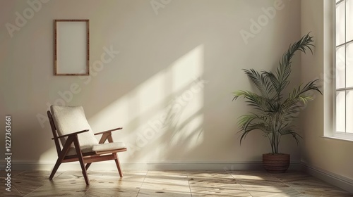 Cozy interior with a wooden chair and a potted plant  sunlight streaming through a window