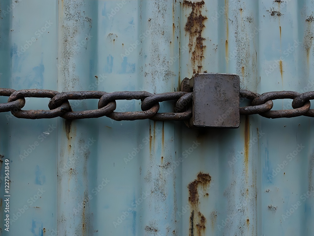 A close-up of a rusted chain and padlock securing a weathered blue metal surface. A close-up of a rusted chain and padlock securing a weathered blue metal surface.