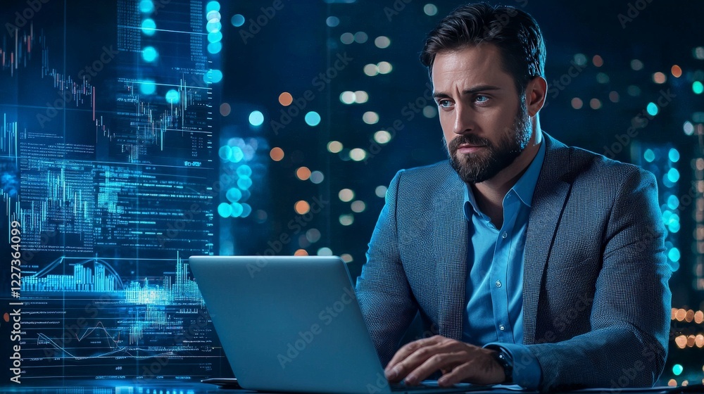 Professional Financial Consultant Reviewing Data and Analytics at Night Professional Financial Consultant Reviewing Data and Analytics at Night