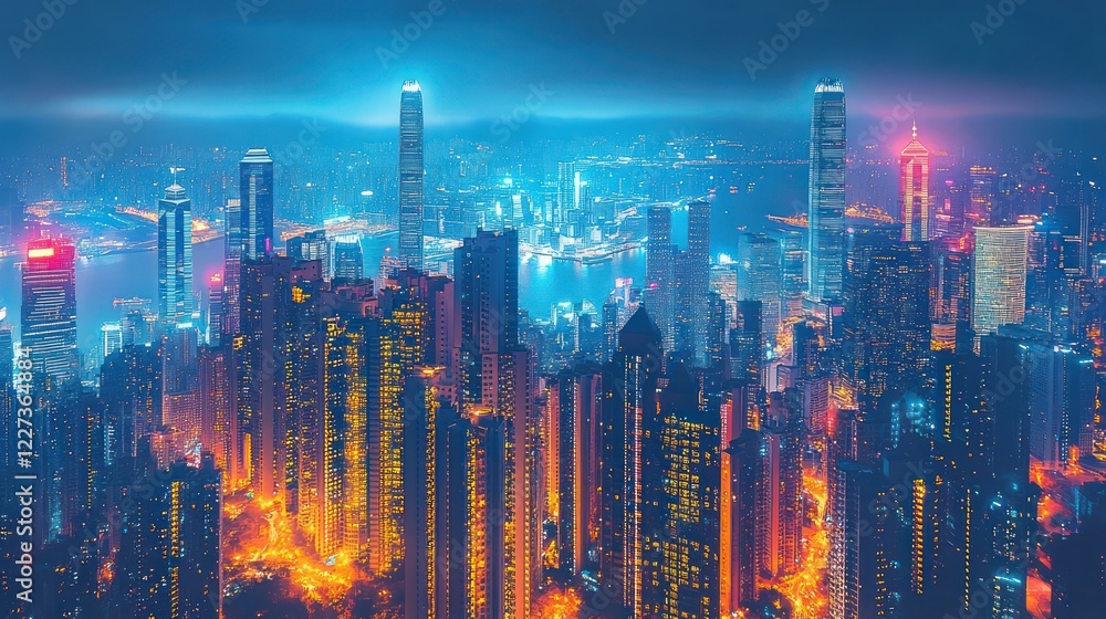 Fototapeta premium Vibrant Hong Kong Skyline at Night: A Dazzling Urban Panorama