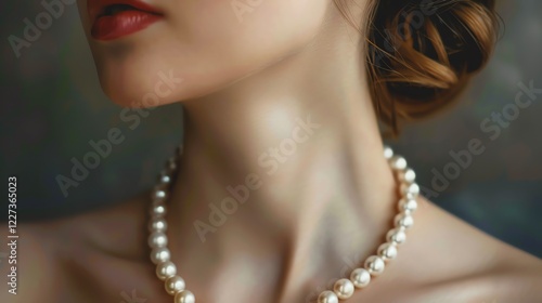 A woman's neck and shoulders wearing a pearl necklace. photo