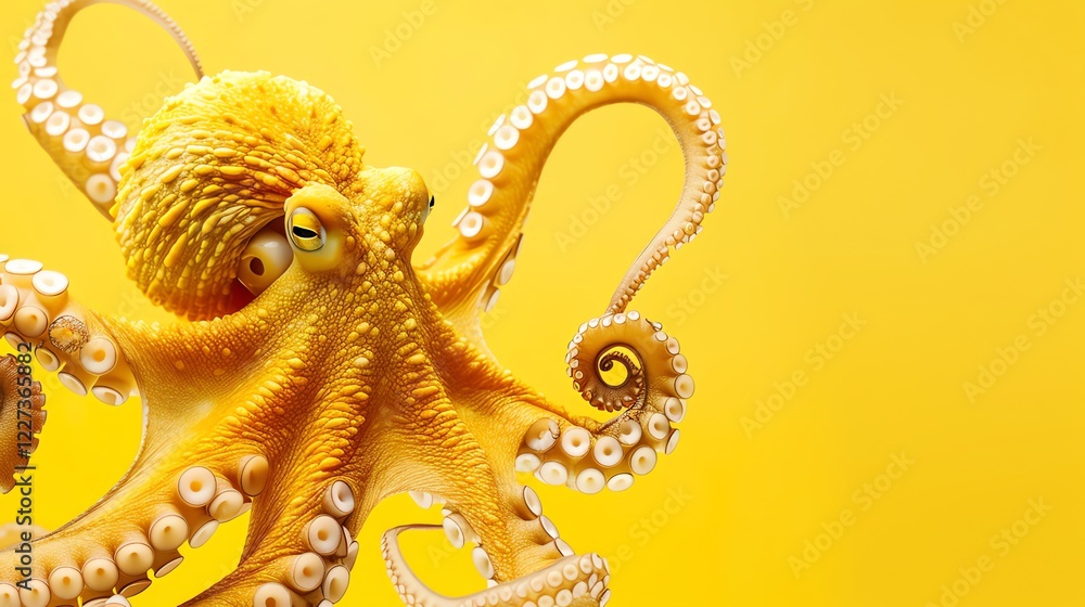 A yellow octopus with large, intelligent eyes, positioned against a yellow background. A yellow octopus with large, intelligent eyes, positioned against a yellow background.