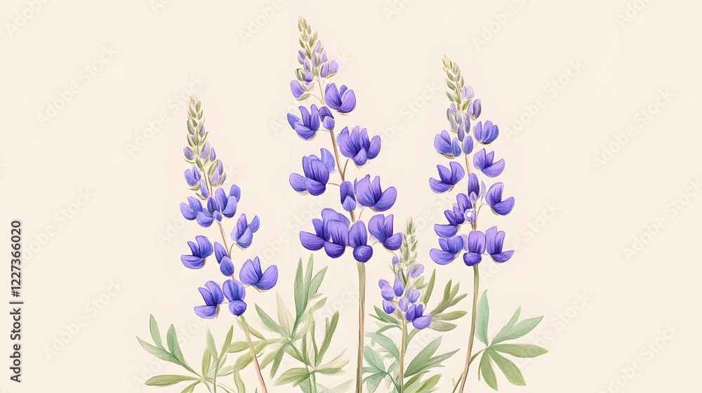 Naklejka premium Detailed Artwork of Wild Lupine Plant with Vibrant Purple Flowers