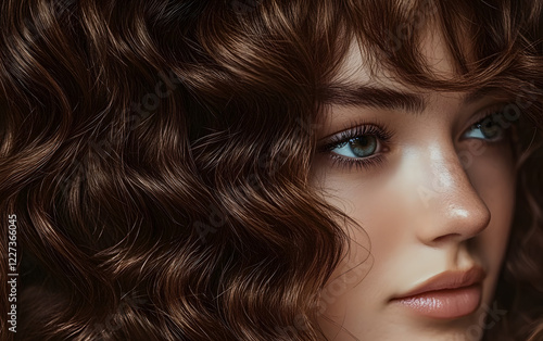 Close-up of curls and frizzy shiny brown-haired hair . brunette Hair curly background ,colorind or shades photo