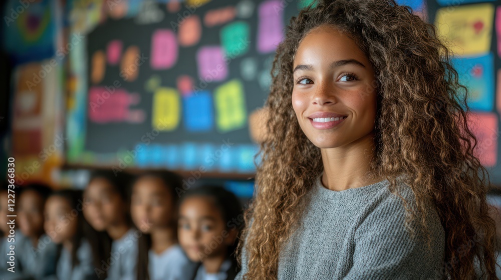 Obraz premium Portrait of a Smiling Young Teacher with Students in the Background