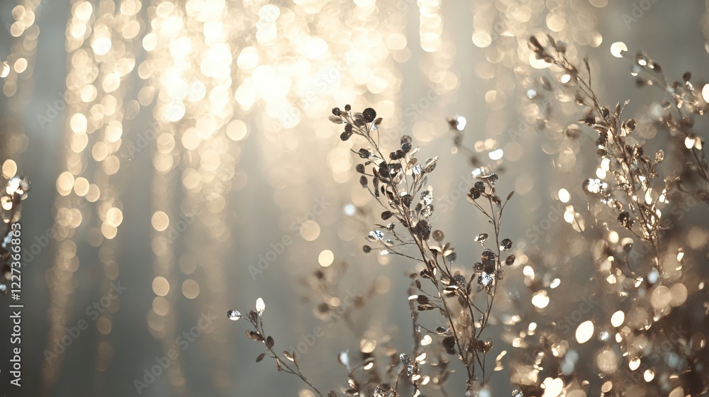 Fototapeta premium Sparkling foliage with golden bokeh background creates a magical and dreamy atmosphere