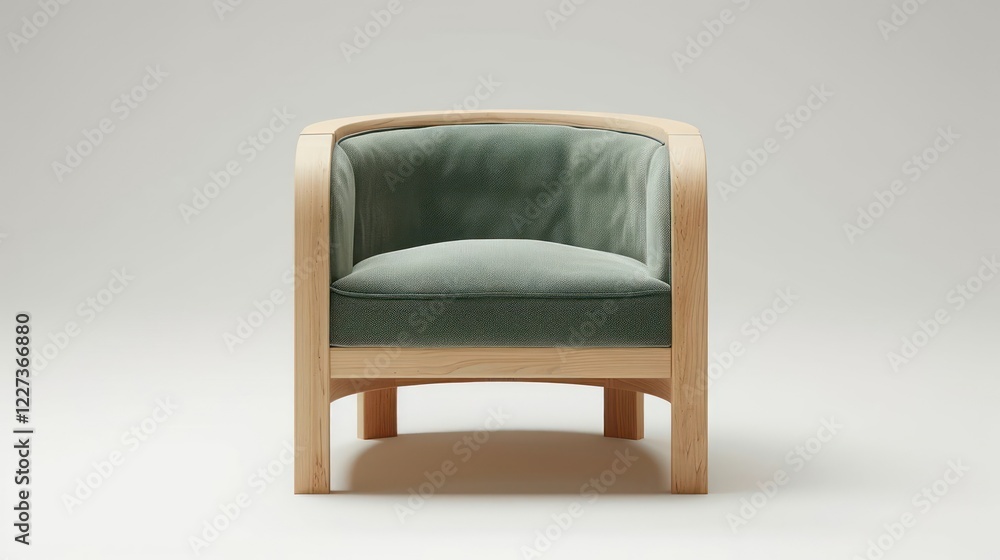 Modern minimalist armchair with a light wooden frame and soft green upholstery in a neutral setting Modern minimalist armchair with a light wooden frame and soft green upholstery in a neutral setting