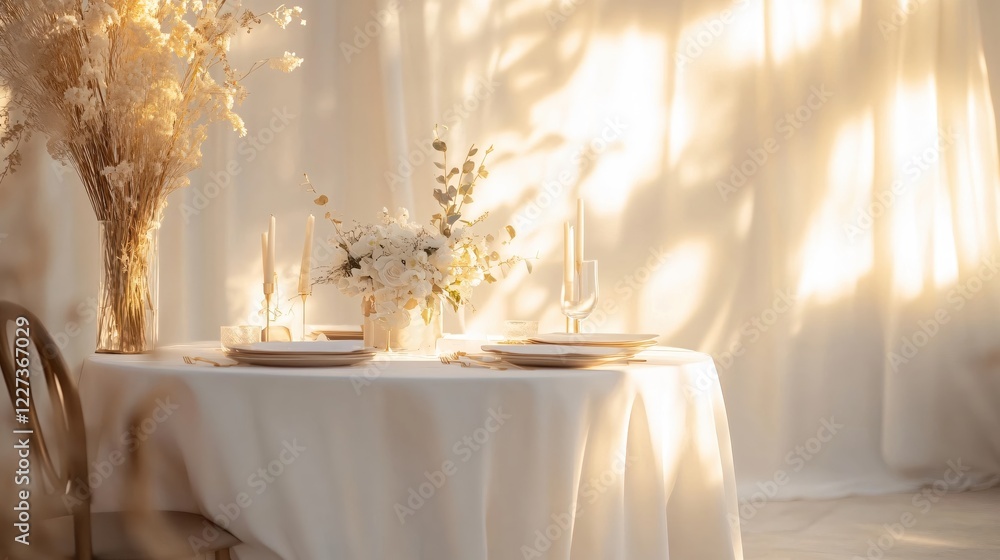 Elegant table setting with floral arrangement and candles in warm light for special occasion Elegant table setting with floral arrangement and candles in warm light for special occasion