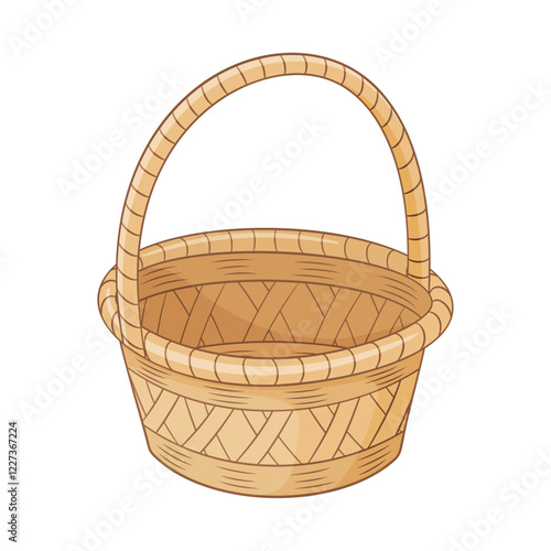 Bilde på lerret Empty wicker basket with handle, handmade container or pannier Hand drawn Trendy flat style isolated Decorative accessories for storage or carrying for web graphic design