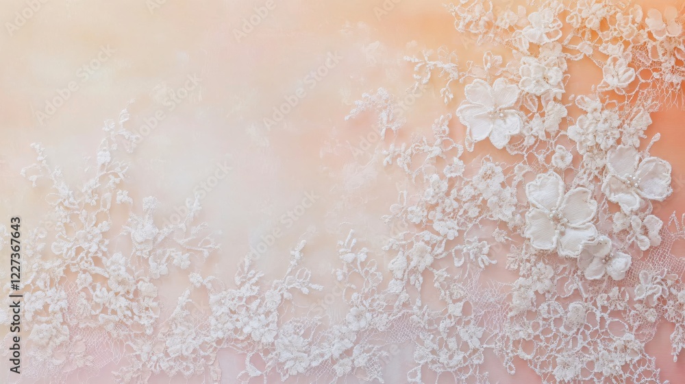 Fototapeta premium Delicate white lace floral pattern on soft peach background for wedding or fashion design