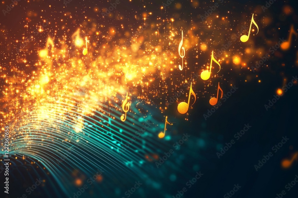 Fototapeta premium gold music notes swirling and cascading over a dynamic digital sound wave, representing the beauty and energy of music recording and composition