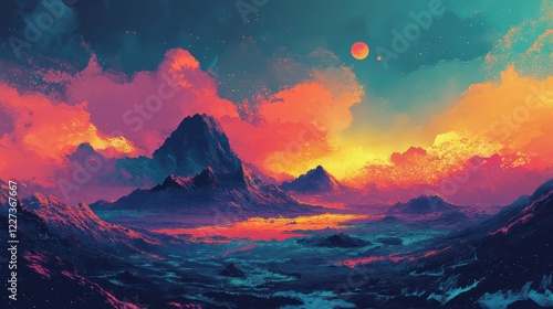 Vibrant Alien Landscape With Mountains and Sunset
