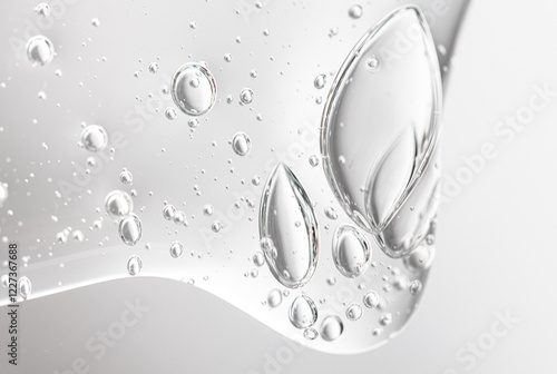 Transparent liquid serum with bubbles on a light background. Hygienic product for hair and face.