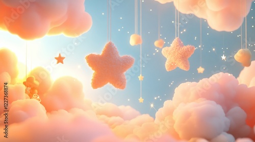 Dreamy Sky with Hanging Stars and Clouds in Pastel Colors for Childrens Book Illustration