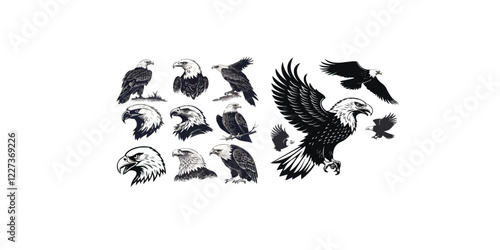 Print  Eagle Vector Illustration Set, Black and White Silhouettes Collection.Perfect for Logos, Designs, and More. 