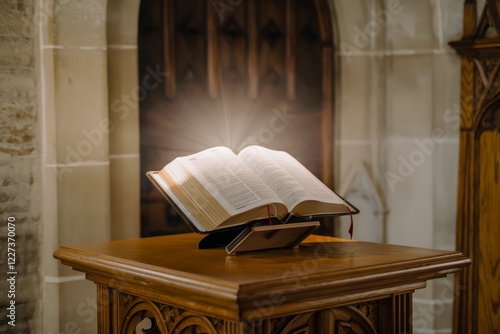 Illuminated open book on ornate wooden lectern in a church setting. photo