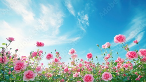 Pink roses bloom under a bright blue sky with white wispy clouds in a beautiful garden scene