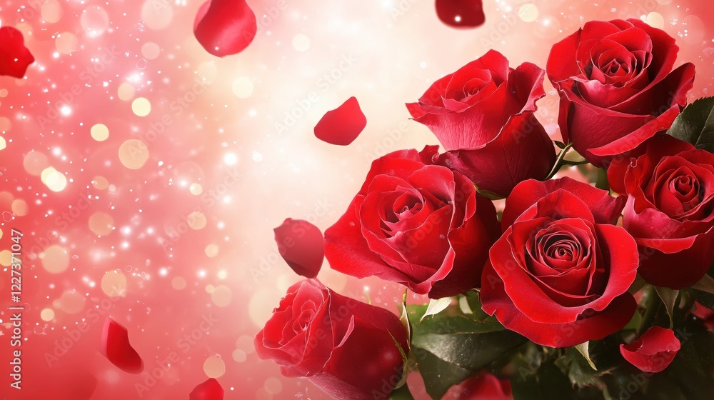 Red roses and petals falling on a pink background with bokeh lights romantic floral design Red roses and petals falling on a pink background with bokeh lights romantic floral design