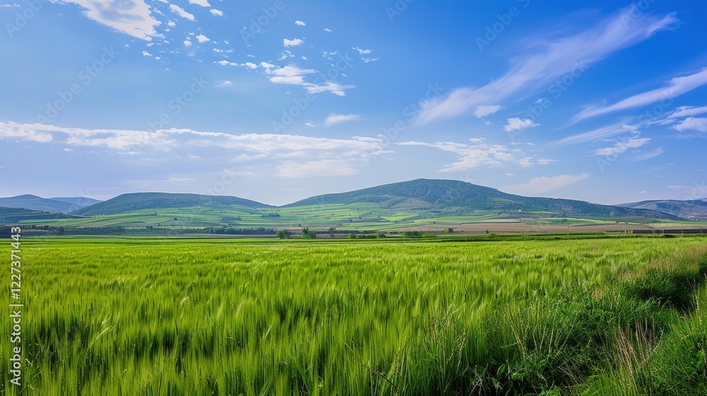 A beautiful green field with a majestic mountain, a clear river and a vast sky in the background. The idyllic and serene natural scenery creates a peaceful and charming atmosphere. A beautiful green field with a majestic mountain, a clear river and a vast sky in the background. The idyllic and serene natural scenery creates a peaceful and charming atmosphere.