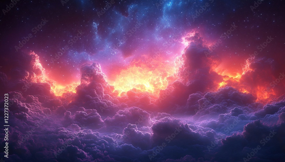 Fiery cloudscape at night with starry cosmic background Fiery cloudscape at night with starry cosmic background