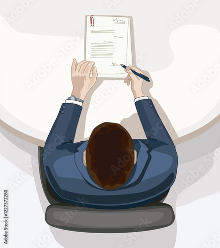 man top view bussines man in suit signing up contract list paper treaty document isolated on white background