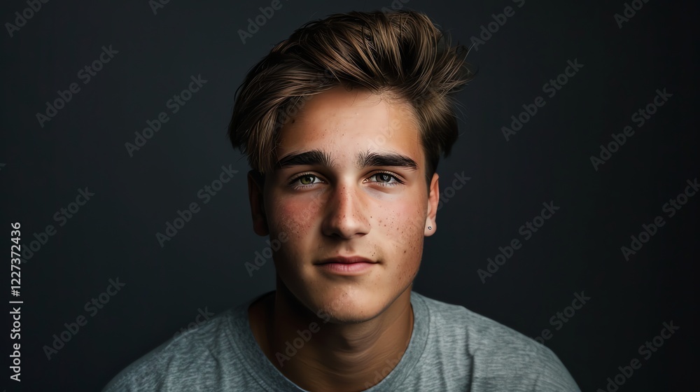 A young man with brown hair looks at the camera. A young man with brown hair looks at the camera.