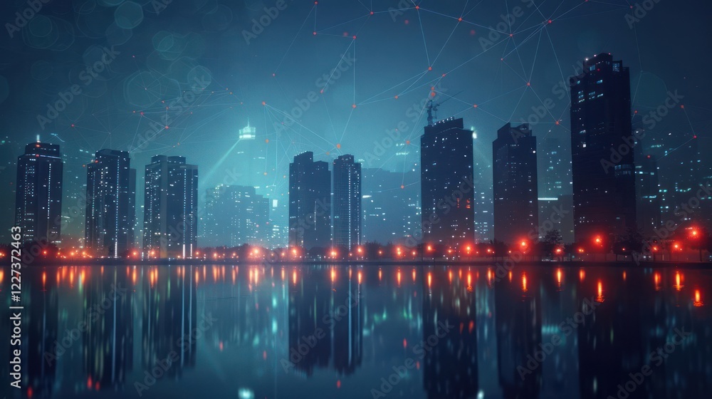 Fototapeta premium Nighttime city skyline with illuminated buildings reflecting on water, showcasing urban life and technology
