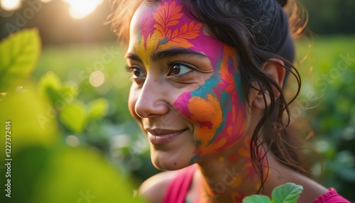 Smiling woman with colorful face paint, Holi festival theme, serene outdoor setting, cultural joy photo