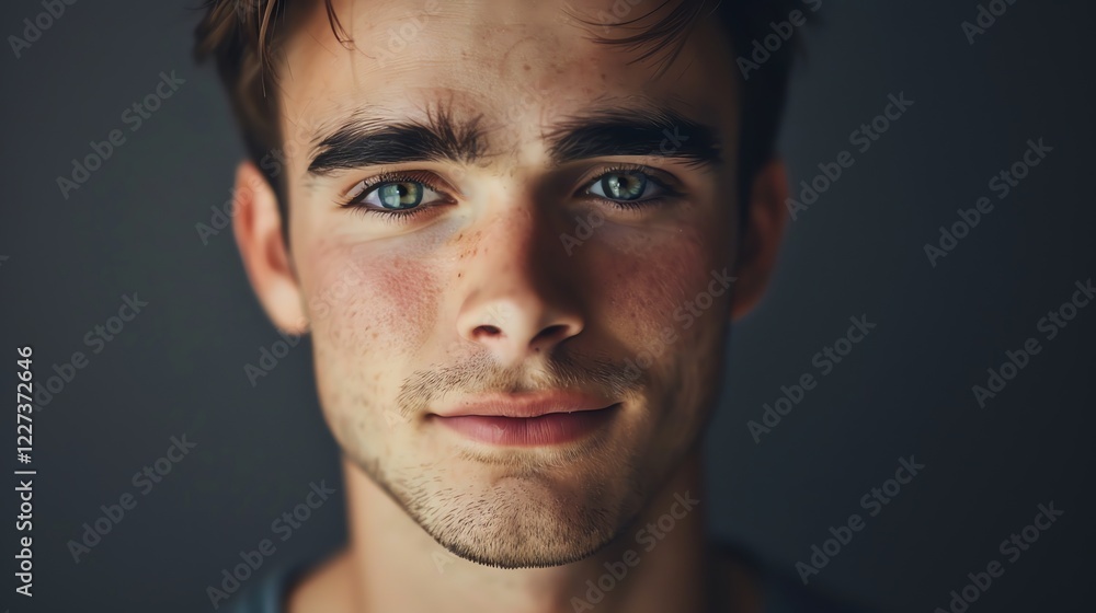 Obraz premium A close-up portrait of a young man with a beard, looking thoughtfully off-camera.