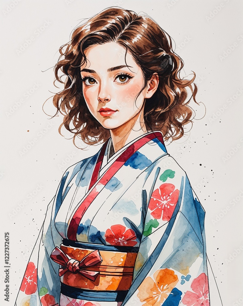 adult female curious curly brown hair traditional kimono watercolor anime style illustration on plain white background adult female curious curly brown hair traditional kimono watercolor anime style illustration on plain white background