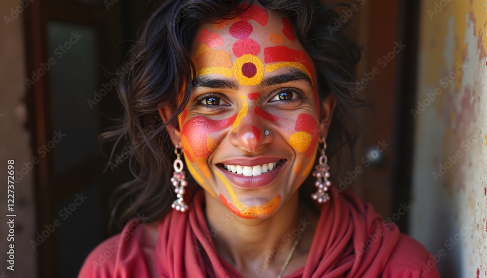 Smiling woman with colorful face paint at Holi festival, vibrant celebration portrait Smiling woman with colorful face paint at Holi festival, vibrant celebration portrait