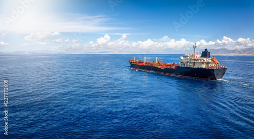 Fototapeta Naklejka Na Ścianę i Meble -  Rear view of a chemical goods or crude oil tanker sailing with speed over the blue Ocean with copy space