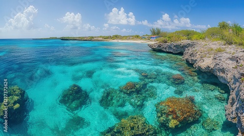 Fototapeta Naklejka Na Ścianę i Meble -  A stunning coral reef ecosystem in Bonaire, filled with vivid coral formations, darting tropical fish,
