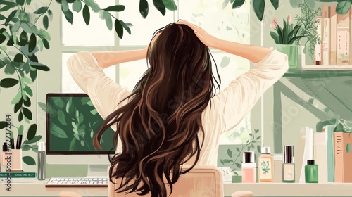 Wellness workspace artwork, back perspective of person with long raven hair, light ivory top, celebratory arm stretch, contemporary computer desk scene, eucalyptus green foliage accents, pastel photo