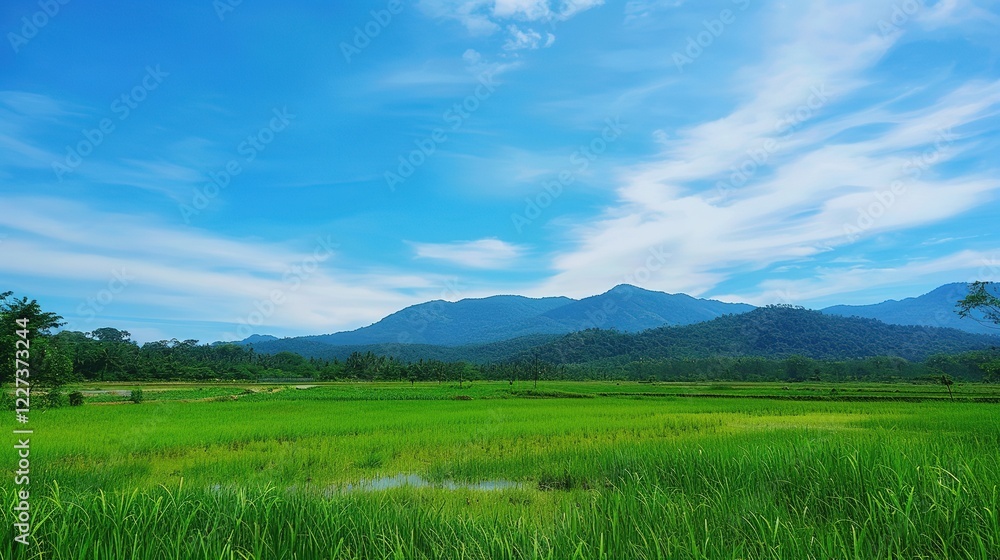 A beautiful green field with a majestic mountain, a clear river and a vast sky in the background. The idyllic and serene natural scenery creates a peaceful and charming atmosphere. A beautiful green field with a majestic mountain, a clear river and a vast sky in the background. The idyllic and serene natural scenery creates a peaceful and charming atmosphere.