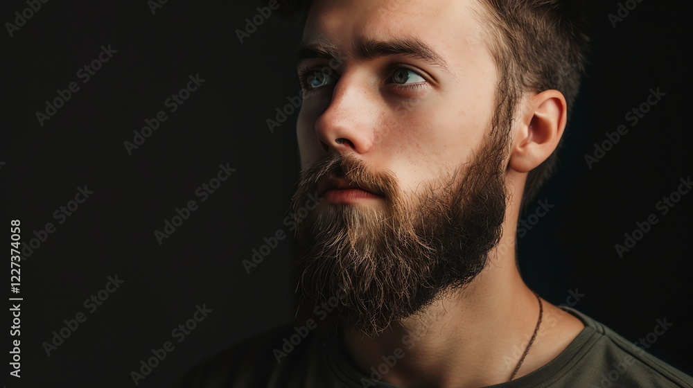 A close-up portrait of a young man with a beard, looking away from the camera. A close-up portrait of a young man with a beard, looking away from the camera.