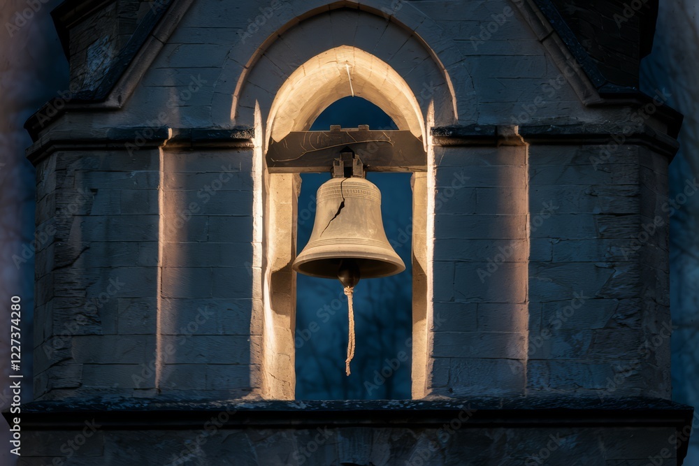 Obraz premium Sunlit church bell in an arched stone belfry.