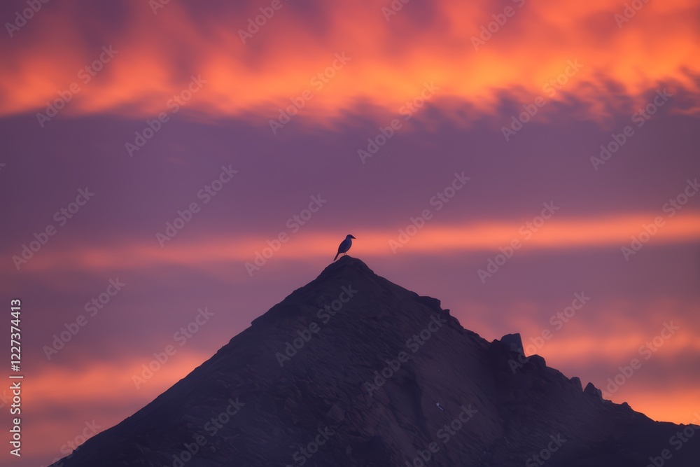 Solitary bird on mountain peak at sunset with vibrant sky. Solitary bird on mountain peak at sunset with vibrant sky.