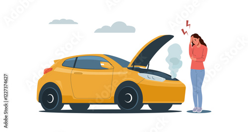 Woman standing next to a broken down car with the hood open. Vector illustration.