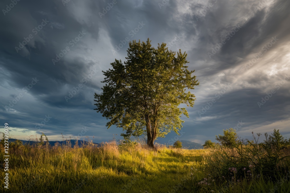 Obraz premium Lone tree stands resilient under dramatic stormy skies.