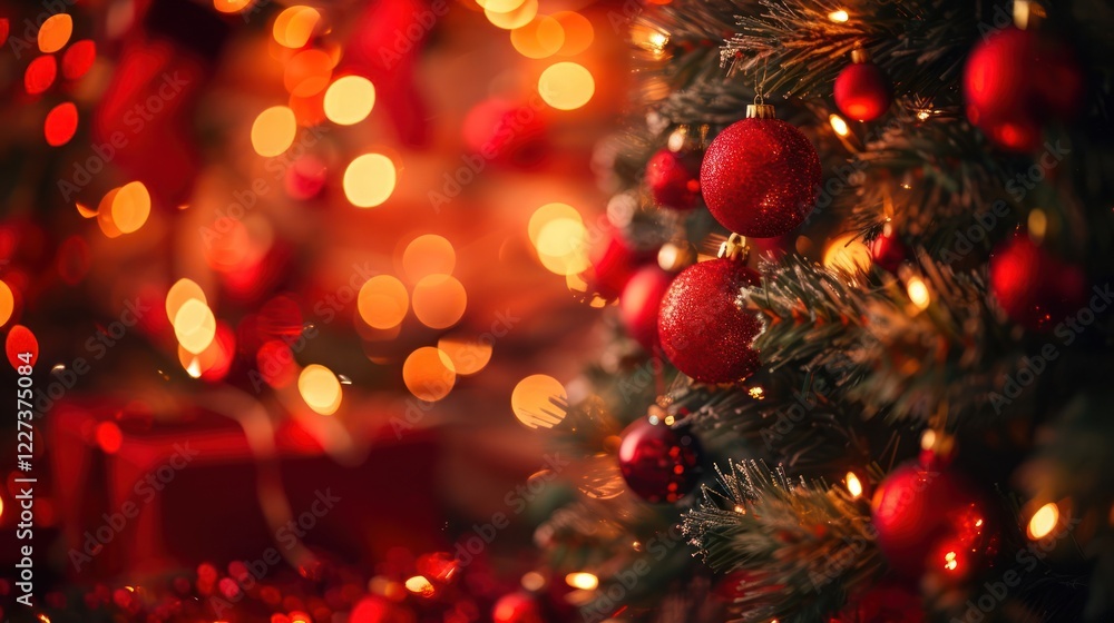 Festive Christmas tree adorned with red ornaments and warm lights, creating a cozy holiday atmosphere Festive Christmas tree adorned with red ornaments and warm lights, creating a cozy holiday atmosphere