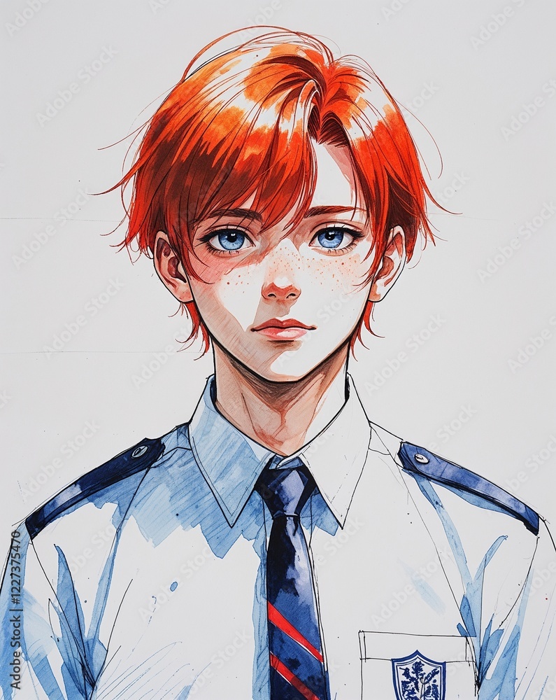 teen male calm straight red hair school uniform watercolor anime style illustration on plain white background teen male calm straight red hair school uniform watercolor anime style illustration on plain white background