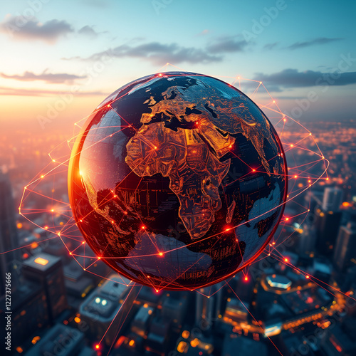 The digital globe spins out of control, global network and connectivity across Earth. Data transfer occurs at breakneck speeds, fueling a frenzy of business transactions photo