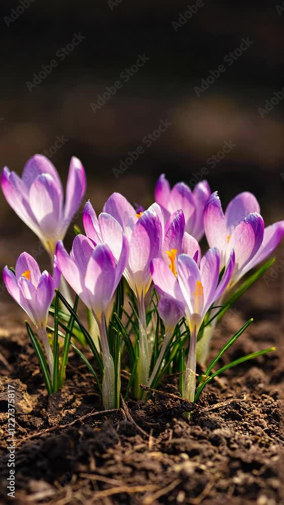 Field of purple crocuses emerging from the soil, representing the first signs of springtime and renewal Field of purple crocuses emerging from the soil, representing the first signs of springtime and renewal