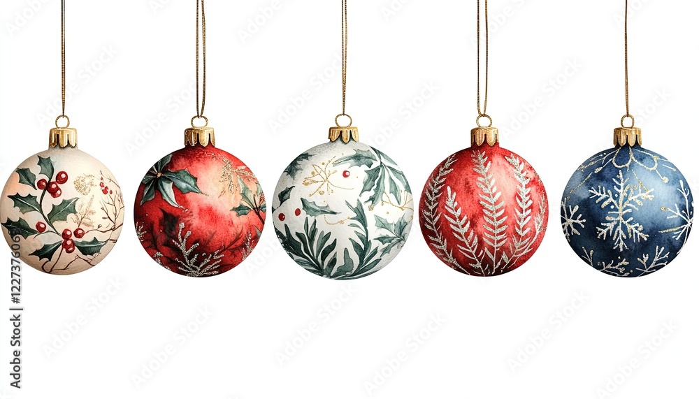 Five hanging Christmas ornaments with festive designs on white Five hanging Christmas ornaments with festive designs on white