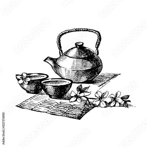 Hand drawn sketch vector teapot and tea cups ceremony isolated illustration on white background