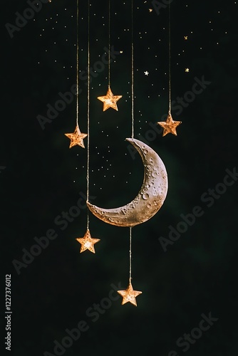 Crescent moon mobile, hanging golden stars, night sky background, whimsical celestial art, dark teal texture, dreamy nursery decor, string-tied ornaments, magical bedtime scene, vintage astronomical i