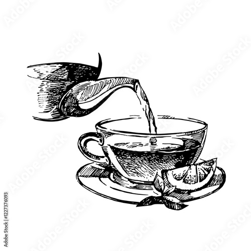 Hand drawn sketch vector teapot and tea cup isolated illustration on white background